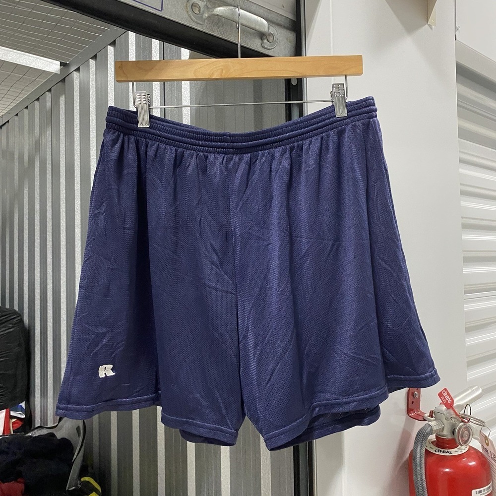 Vintage 90s Russell Athletic Size XL Blank Mesh Above Knee Gym Shorts Navy Blue